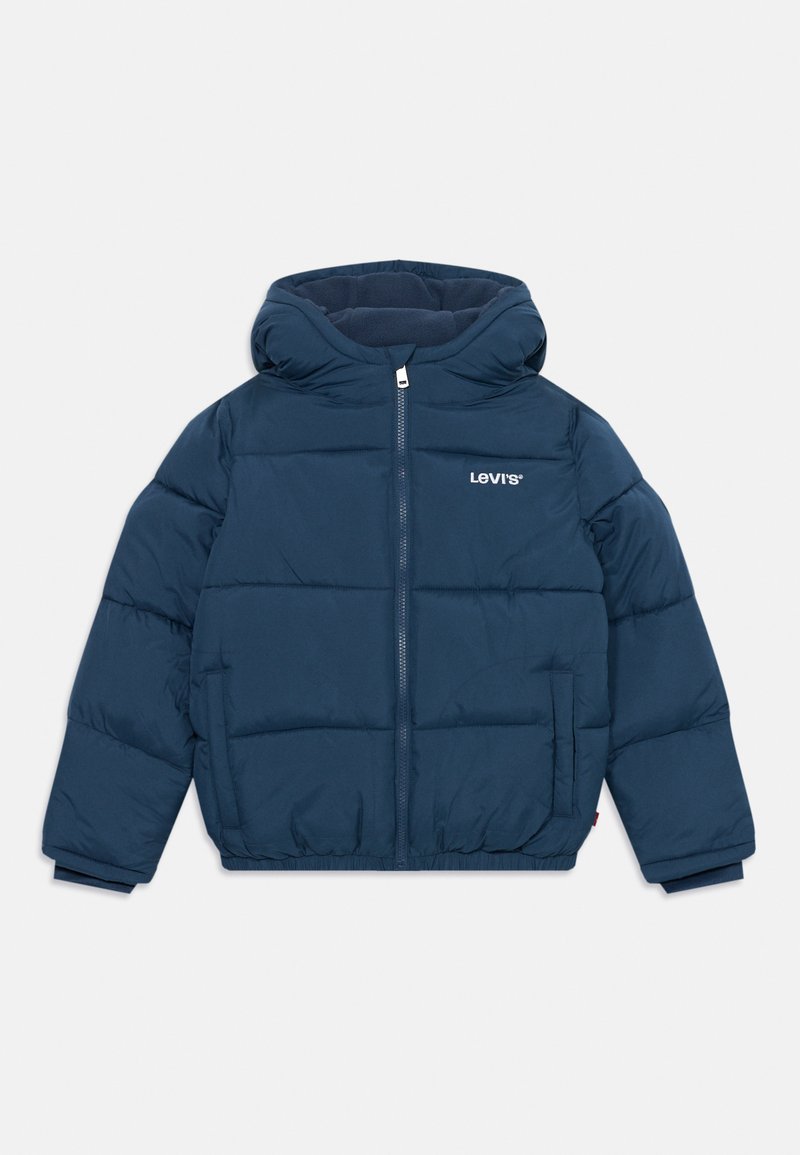 Tamno plava podstavljena jakna s kapuljačom, prednjim zatvaračem, elastičnim manžetama, prednjim dzepovima i malim bijelim Levi's logotipom na prsima.