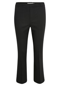 Czarne spodnie o prostym kroju nogawek, wykonane z gładkiego materiału. Posiadają boczne kieszenie oraz średniej szerokości pas w talii, dopasowany krój.