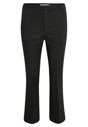 Svarta byxor med rakt ben, tillverkade av ett slätt tyg. Har sidofickor och en midjeband med medelbredd, skräddarsydd passform.