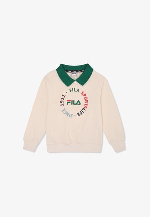Cremfarbener Sweatshirt mit grünem Polo-Kragen, versehen mit einem kreisförmigen Fila-Logo in Rot, Blau und Schwarz. Weicher Stoff und lange Ärmel.
