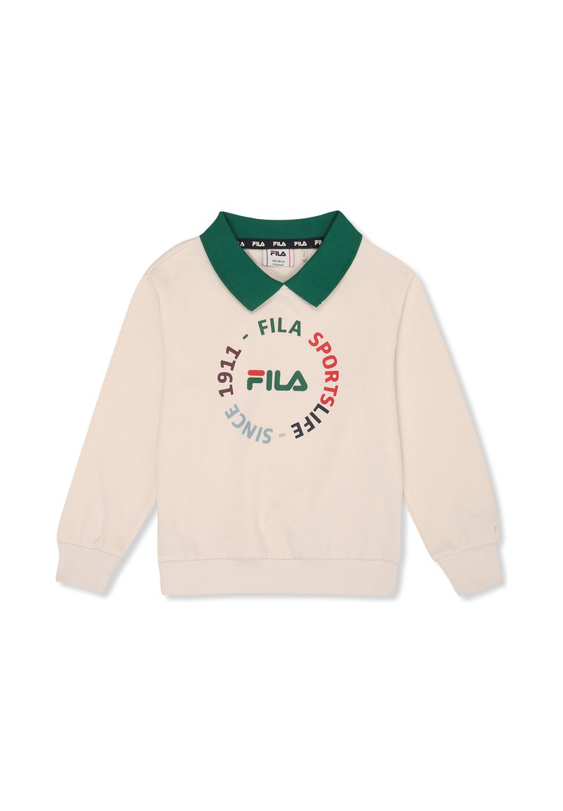Felpa crema con colletto polo verde, caratterizzata da un logo circolare Fila in rosso, blu e nero. Tessuto morbido e maniche lunghe.