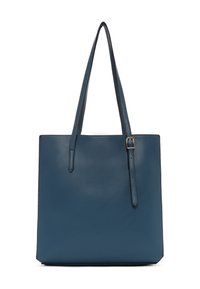 Borsa a tracolla blu in pelle con due manici lunghi e forma rettangolare. Presenta un design minimalista con texture liscia e cuciture a contrasto.