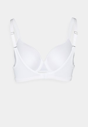 Weißer BH mit glatten, geformten Cups, verstellbaren Trägern und Hakenverschluss. Hergestellt aus weichem Stoff mit minimalistischem Design.