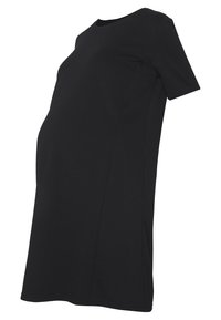 Abito premaman corto nero con maniche corte, scollo rotondo e design aderente sulla pancia, mostrato su un torso di manichino.