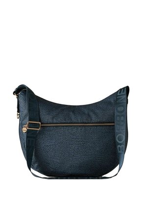 Sac bandoulière bleu foncé texturé avec une poche avant zippée dorée et une sangle d'épaule réglable imprimée du texte "BORBONESE".