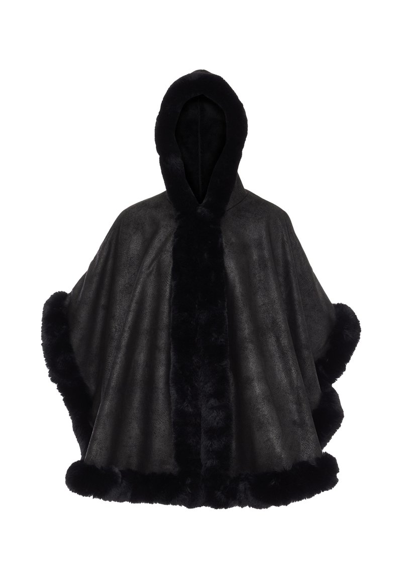 Schwarzer Faux-Fur-Poncho mit Kapuze, weichem Griff und einem kontrastierenden, plüschigen Besatz entlang der Kanten und des zentralen Ausschnitts.