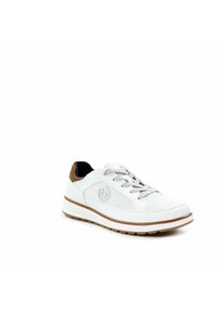 White low-top sneaker with gray laces, perforated side panel, brown heel accent, and light brown sole on white background.