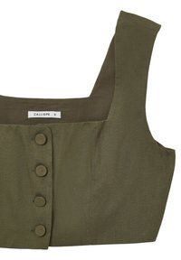 Top corto in lino verde oliva con scollatura quadrata, spalline larghe e quattro bottoni circolari sul davanti, etichettato Calliope, taglia S.