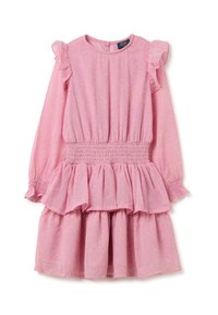 Rotes Kleid mit langen Ärmeln, Rüschendetails, gesmocktem Bund und mehrlagigem Rock mit durchgehendem Paisleymuster.