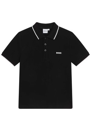 Schwarzes Poloshirt aus Baumwolle mit weißen Akzenten, einem Zwei-Knopf-Buttons, kurzen Ärmeln und einem kleinen gestickten "BOSS"-Logo auf der Brust.