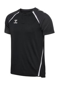 T-shirt de sport noir à manches courtes, avec des accents latéraux blancs et un col arrondi, fabriqué en tissu respirant. Logo de marque affiché.