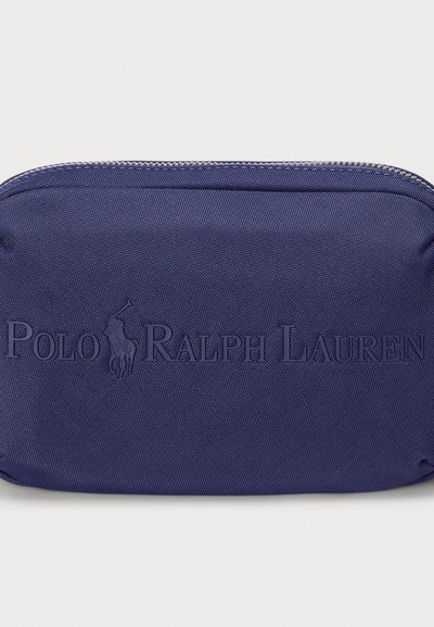 Navy nylon zippered pouch featuring embossed "Polo Ralph Lauren" logo and a smooth texture. Compact rectangular shape with durable design.