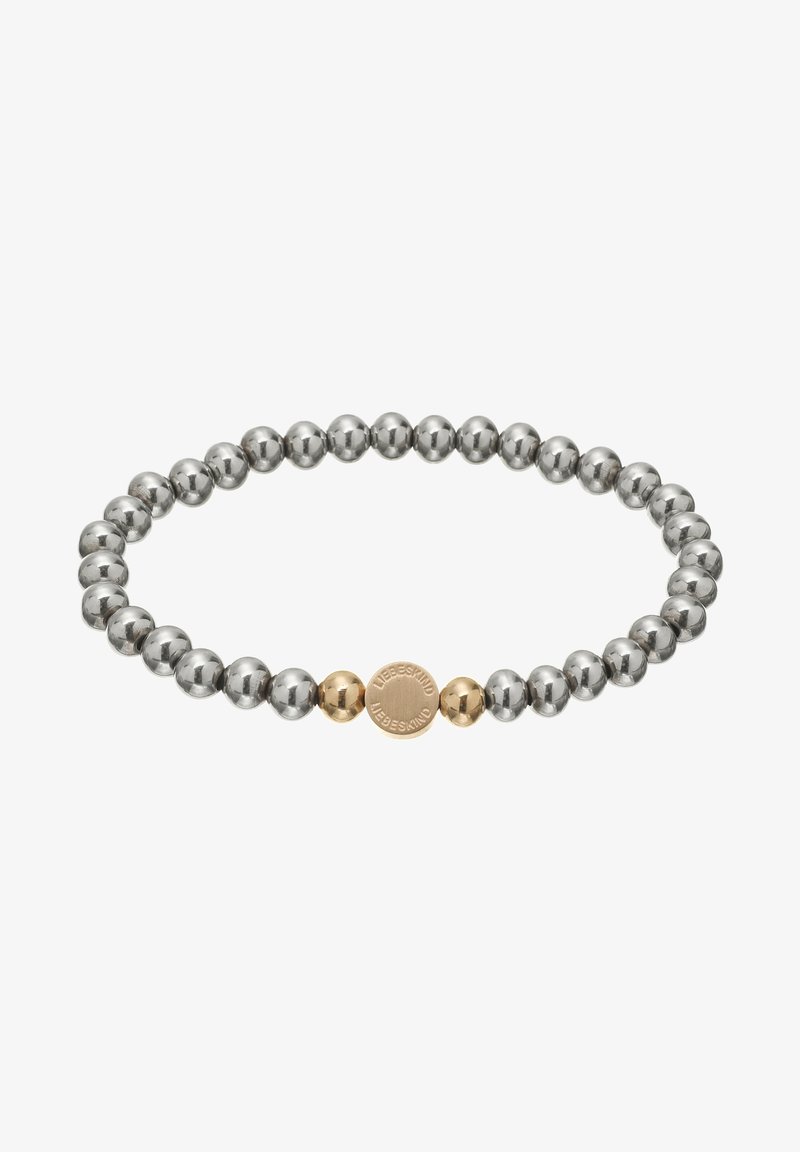 Bracelet extensible avec des perles argentées brillantes et trois perles dorées, incluant une perle dorée centrale gravée du mot "LIEBESKIND."