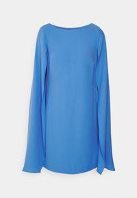 Blue long-sleeve blouse with a round neckline, made of smooth fabric. The sleeves are wide and gently drape at the wrists.