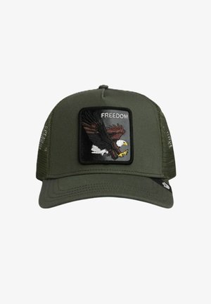 Cappellino da baseball in rete verde oliva con una toppa che mostra un'aquila americana in volo e la parola "FREEDOM" sopra.