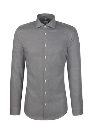 Koszula z długim rękawem zapinana na guziki w ciemnoszary wzór jodełki, z klasycznym kołnierzykiem i sześcioma białymi guzikami z przodu.
