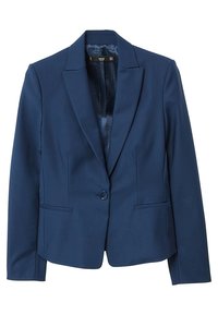 Blazer bleu marine cintré avec un col à revers cranté, une fermeture à un bouton, deux poches avant et une texture lisse.