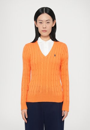 CABLE KNIT COTTON V-NECK SWEATER - Πουλόβερ - sun orange