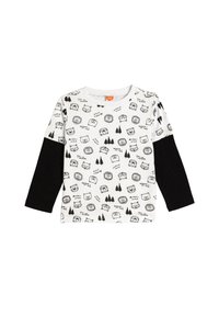 Langärmliges Shirt aus einem weißen Stoff mit schwarzen Tier- und Baumdrucks, ergänzt durch schwarze Ärmel. Runder Ausschnitt.
