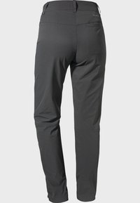Dunkelgraue Outdoor-Hosen mit einer glatten, leichten Textur, ausgestattet mit einer Gesäßtasche, verstellbaren Bündchen und minimalistischem Design.