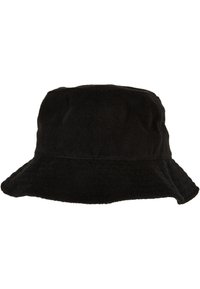 Sort bucket hat lavet af blødt, tekstureret stof. Har en bred, nedadgående skygge og et enkelt, udekoreret design.