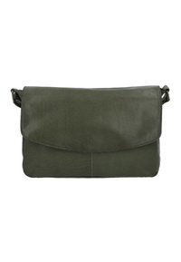 Grön skinnväska att bära över axeln med en lockflik, slät textur och enkel design. Har en justerbar rem och subtila sömmar.