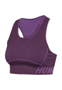 Fioletowy prążkowany biustonosz sportowy z szerokimi ramiączkami i tyłem typu racerback, z subtelnym napisem marki na pasku pod biustem.