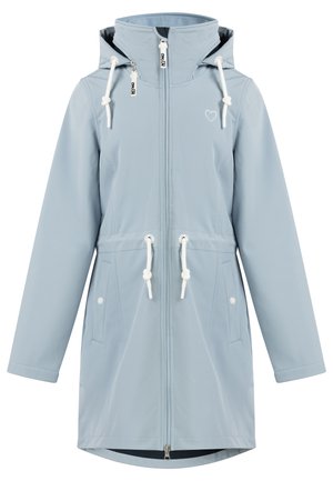 Giacca impermeabile azzurro chiaro con zip frontale, cappuccio regolabile, cordini bianchi, due tasche laterali e un design a forma di cuore sul petto.