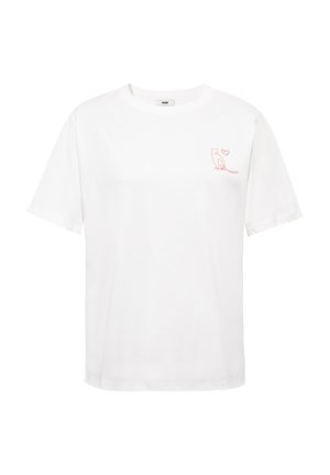 White short-sleeve T-shirt with a small red line-drawing of a cat and heart on the left chest area.