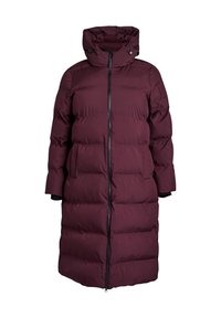Burgundy puffer coat with a hood, featuring a full zipper, side pockets, and a boxy silhouette. Made of quilted material with a smooth texture.