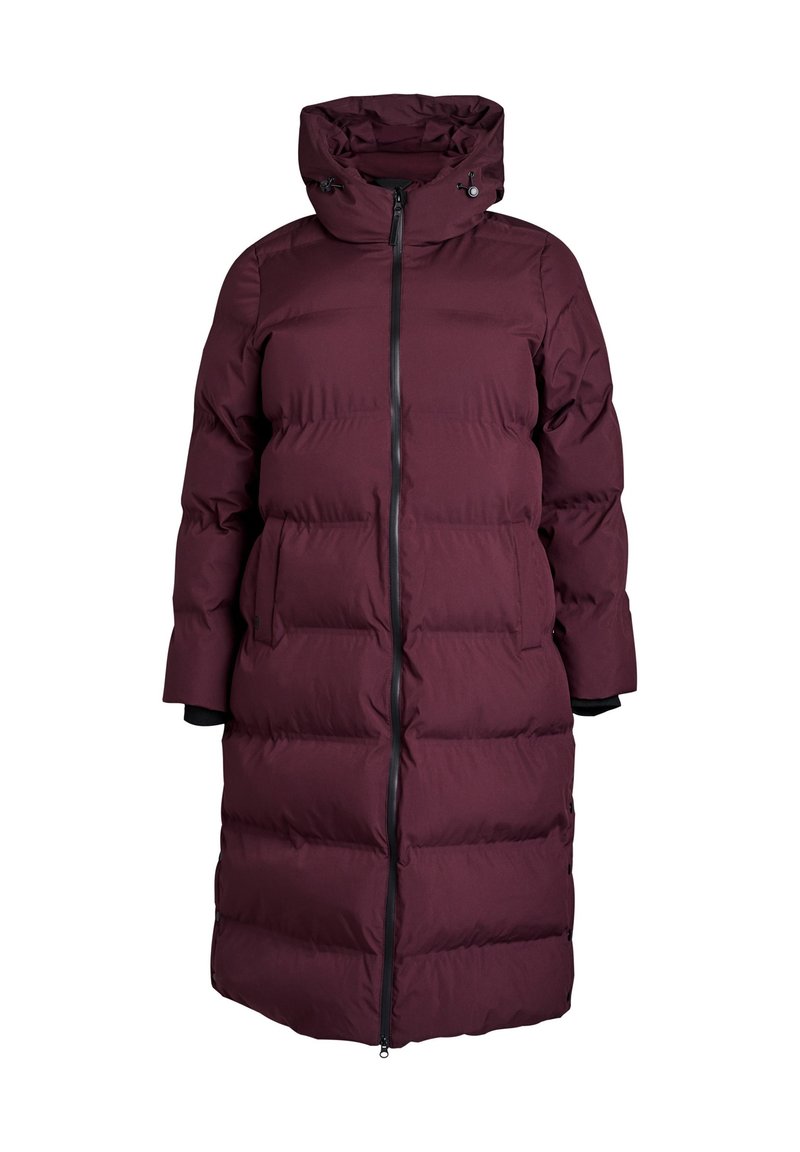 Burgundy puffer coat with a hood, featuring a full zipper, side pockets, and a boxy silhouette. Made of quilted material with a smooth texture.