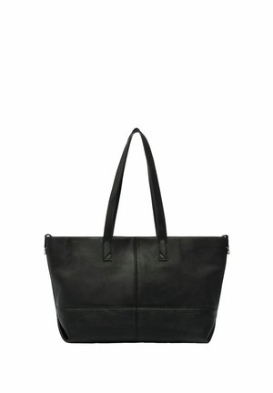 Bolso tote de cuero negro con dos asas largas y costuras visibles en el panel frontal, diseño sencillo con cierre de cremallera.