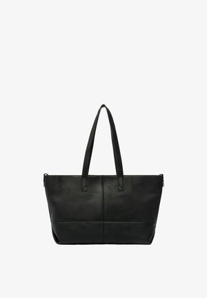 Sac cabas en cuir noir avec deux longues poignées et coutures visibles sur le panneau avant, design sobre avec fermeture éclair.