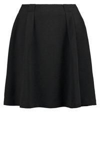 Jupe noire droite avec plis à la taille, longueur genou, en tissu lisse, design épuré avec une ceinture cintrée.