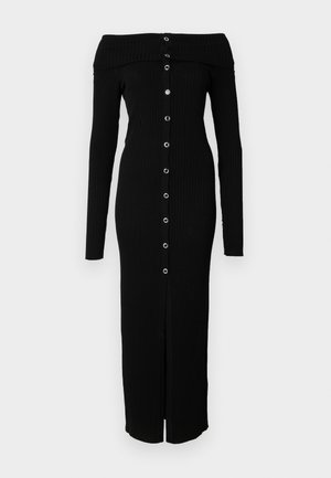 Black ribbed off-shoulder midi dress with long sleeves, featuring a front button placket and a slit at the bottom. Smooth texture.