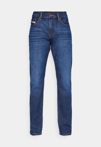 Dark blue denim jeans with a straight-leg cut, featuring a button closure, five pockets, and contrasting stitching. No visible patterns.