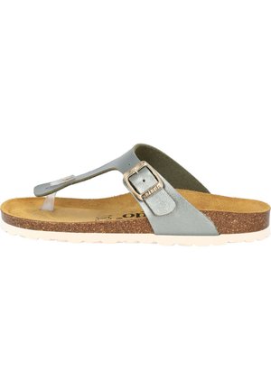 Sandalia de flip-flop de piel plateada con plantilla de corcho, correa ajustable con hebilla metálica y suela de goma blanca.