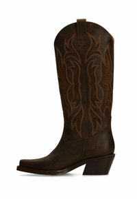 Dark brown leather cowboy boot with decorative stitching, pointed toe, pull strap, and angled mid-height heel.