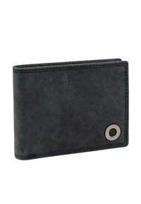 Cartera de cuero negro con textura suave, forma rectangular, costuras contrastantes y un detalle de logotipo metálico.