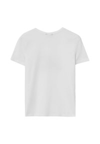 T-shirt bianca in cotone con scollo rotondo, maniche corte e una texture liscia. Non sono presenti motivi o loghi.