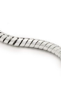 Cavo metallico intrecciato, di colore argento, presenta un design a spirale uniforme con una superficie liscia e riflettente e estremità arrotondate.