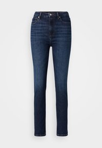 Mørke denimjeans med høyt liv, rett ben-design, fem lommer og metallknapplukking; har subtile falminger og sømdetaljer.