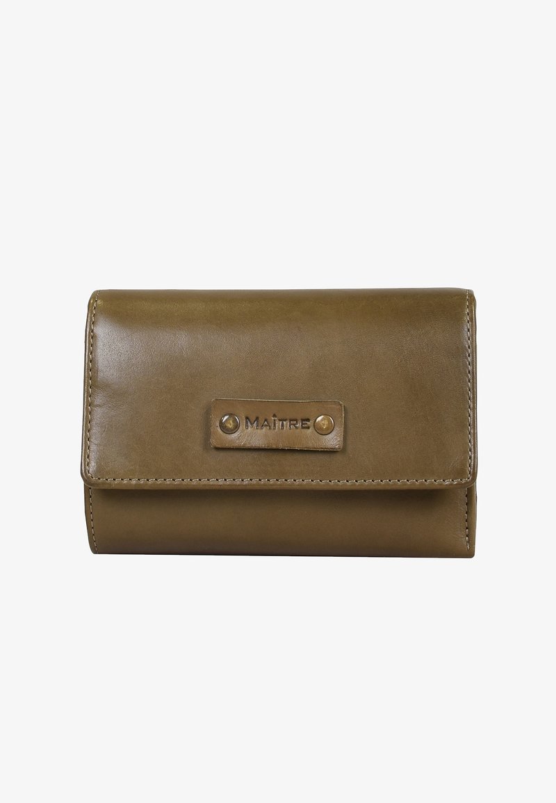 Olivno zeleni usnjeni denarnici z gladko površino, pravokotno obliko in sprednjo oznako z besedo "MAÎTRE" ter zakovicami.
