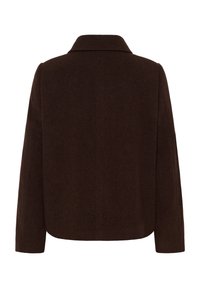 Veste en laine marron foncé avec manches longues et un col simple, vue de dos sur fond blanc.