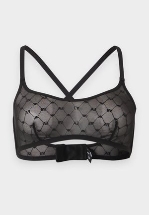 Fekete áttetsző melltartó keresztbe vetett pántokkal és geometrikus mintával, amely ismétlődő "EA" betűket tartalmaz, széles tépőzáras záródással.