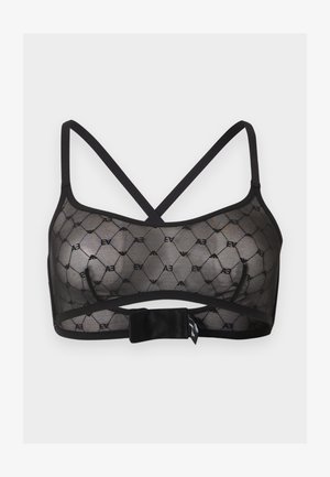 Μαύρο διαφανές bralette με λουριά που διασταυρώνονται και γεωμετρικό σχέδιο με επαναλαμβανόμενα γράμματα "EA", ασφαλισμένο με φαρδιά κλείστρα hook-and-loop.