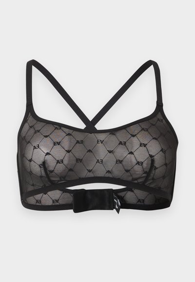 Μαύρο διαφανές bralette με λουριά που διασταυρώνονται και γεωμετρικό σχέδιο με επαναλαμβανόμενα γράμματα "EA", ασφαλισμένο με φαρδιά κλείστρα hook-and-loop.