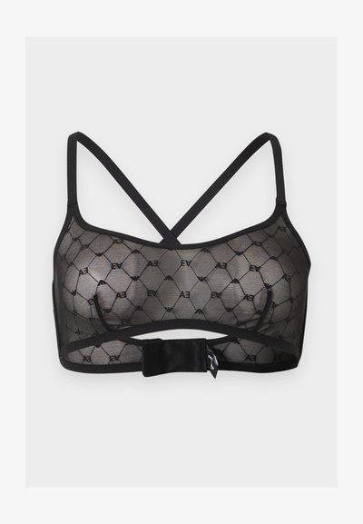 Μαύρο διαφανές bralette με λουριά που διασταυρώνονται και γεωμετρικό σχέδιο με επαναλαμβανόμενα γράμματα "EA", ασφαλισμένο με φαρδιά κλείστρα hook-and-loop.
