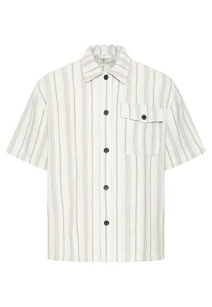 Πουκάμισο με κοντά μανίκια και κουμπιά, με λευκές και μπεζ κάθετες ρίγες, γιακά και τσέπη με καπάκι στο αριστερό στήθος με μαύρο κουμπί.