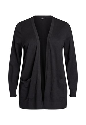 Zwarte cardigan van zachte stof, open ontwerp aan de voorkant, met lange mouwen, voorzien van twee voorzakken en een gestructureerde afwerking.